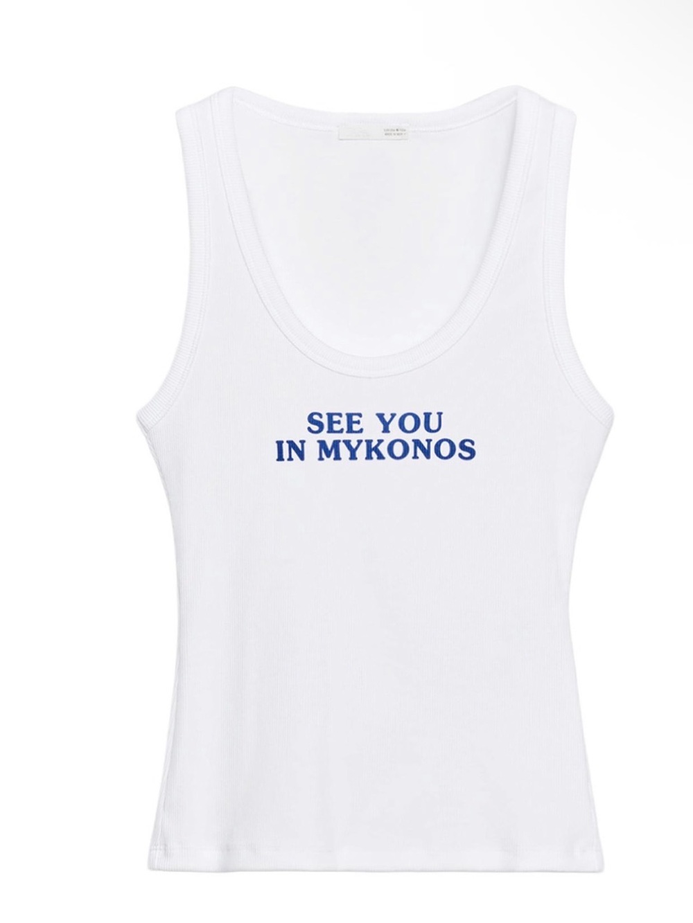 Zara White Tank Top with Blue "SEE YOU IN MYKONOS" Graphic